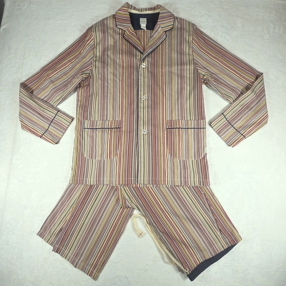 Paul Smith Men's L 2pc Striped Cotton Pajama Set Long Sleeve Button Pockets